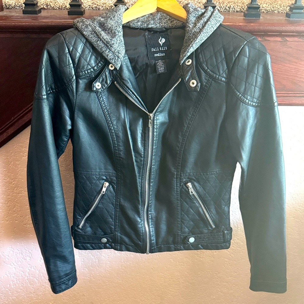 Full Tilt Women’s Size Medium Black Leather Style Moto Jacket Gray Hood Biker